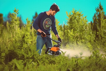 man trimming weed with weed trimmer in summer, Generative AI