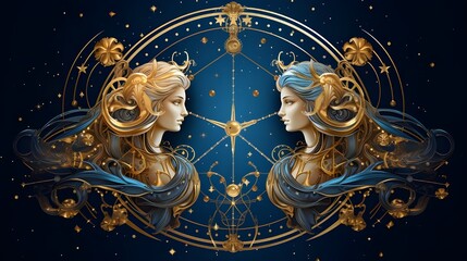 Gemini zodiac sign with golden design and blue background - obrazy, fototapety, plakaty