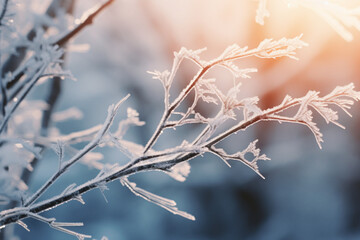 Branches of a shrub with yellow leaves covered frozen macro photography winter concept. Generative AI