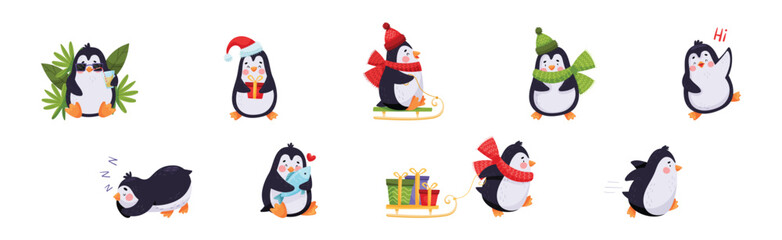 Cute Penguin Character Engaged in Different Activity Vector Set