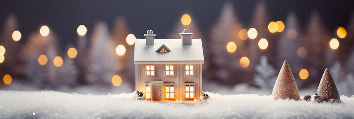 Ornament of a white house illuminated by Christmas lights - obrazy, fototapety, plakaty