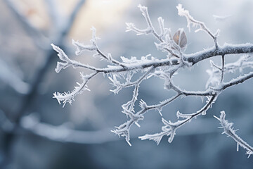 Branches of a shrub with yellow leaves covered frozen macro photography winter concept. Generative AI