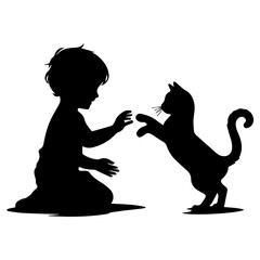 Child Play with cat vector silhouette illustration