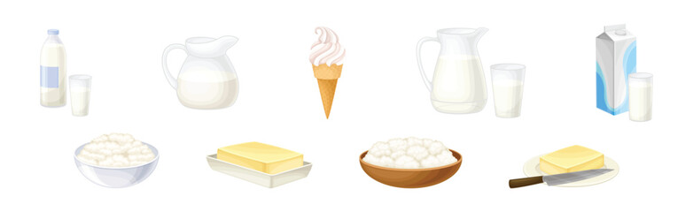 Different Dairy Food and Fresh Products Vector Set