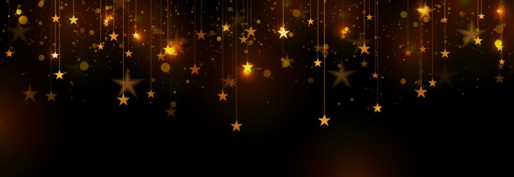 Glowing golden hanging stars and shiny particles abstract background. New Year and Christmas vector graphic banner design
