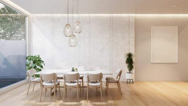 Animation minimal interior of the dinning room with a white base tone. 3D illustration render