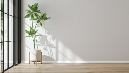 Modern minimal empty room with green tropical tree in pot, glass sliding door partition with black...