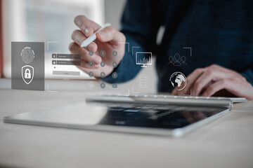 Cybersecurity and privacy concepts user privacy data information security encryption, protect business and financial transaction data, from cyber attack man using computer. internet network security.