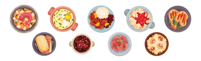 Portuguese Dishes and Main Courses View from Above Vector Set