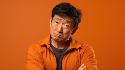 Naklejka premium Unhappy expression angry, upset, frustrated, doubt face of Asian man on orange background, middle shot of middle-aged male with extreme unhappy with many wrinkle on face looking at camera