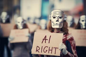Woman in robot mask holding an AI rights protest sign.