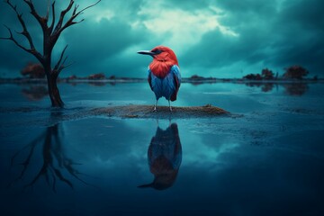 Red blue bird on lake swamp. Coast shore head beak wing. Generate Ai - obrazy, fototapety, plakaty