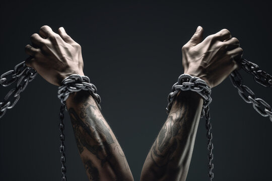 Hand with chain on dark background, close-up. Conceptual image of security and protection.