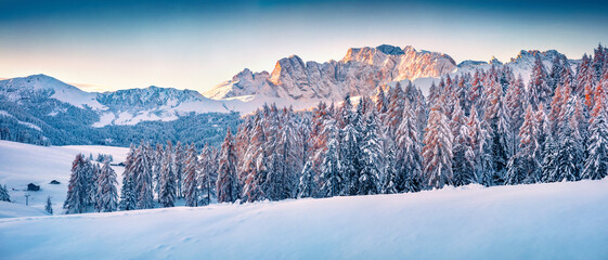 Panoramic morning view of Alpe di Siusi village. Frosty winter scene of Dolomite Alps. Majestic...