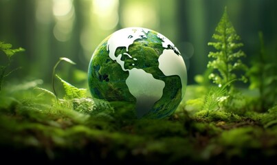 world environment and earth day concept green globe in eco friendly environment generative AI, Generative AI - obrazy, fototapety, plakaty