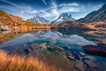 Superb autumn view of Chesery lake/Lac De Cheserys, Chamonix location. Spectacular morning scene of...