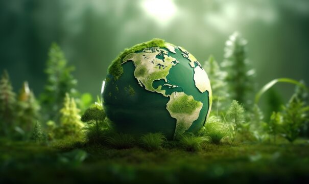 world environment and earth day concept green globe in eco friendly environment generative AI, Generative AI