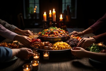 Group of family and friends holding hands in a circle, giving thanks before the meal, Generative AI