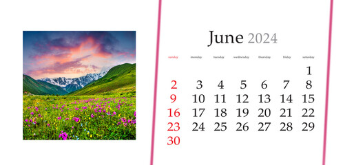 Set of horizontal flip calendars with amazing landscapes in minimal style. June 2024. Fabulous...
