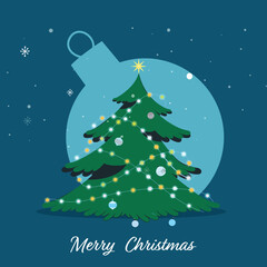 Merry Christmas Poster Design With Decorative Xmas Tree On Blue Bauble Background.