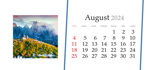 Set of horizontal flip calendars with amazing landscapes in minimal style. August 2024. Colorful summer sunrise with Cadini di Misurina mountain range on background, Auronzo location , Italy, Europe.