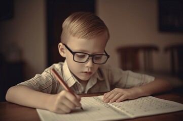Fototapeta na wymiar Boy doing math homework at home. Study instrument lesson day. Generate Ai