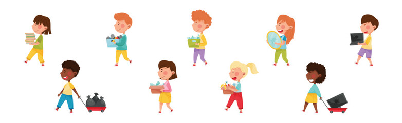 Little Kids Recycling and Sorting Garbage and Waste Vector Set