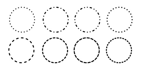 Dashed and dotted circle icon. Black and white broken rings. Dotted round lines. Abstract monochrome graphic. Dashed cut circle line. Vector illustration isolated on white background. - obrazy, fototapety, plakaty