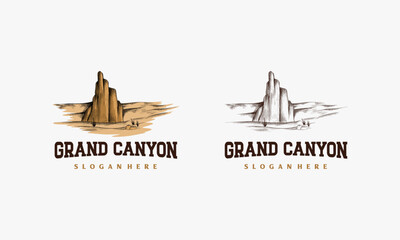 Hand Drawn Rock Cliff Logo Design Vector, Canyon vintage logo template - obrazy, fototapety, plakaty