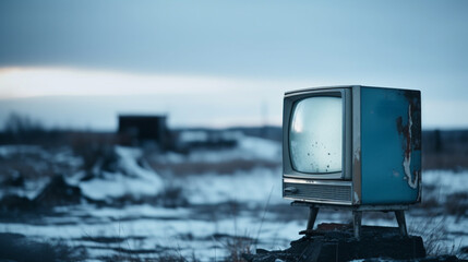 an old TV sitting on top of a rock - Powered by Adobe