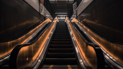 an escalator rises up to a platform, in the style of a minimalist backgrounds