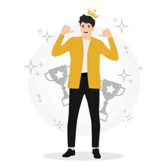 Flat vector man point at himself with two thumbs gesturing self proud self confidence victory