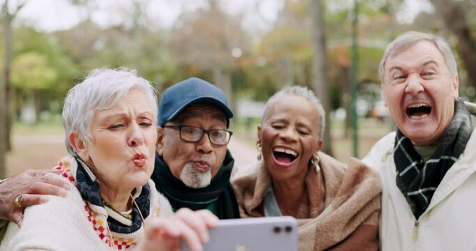 Selfie, funny face and group of senior people in park or nature for outdoor holiday or vacation smile for a picture together. Memory, phone and laughing elderly friends take picture for social media