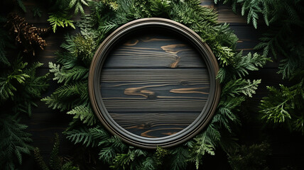 Merry Christmas - wooden background with conifer wreath with place for text