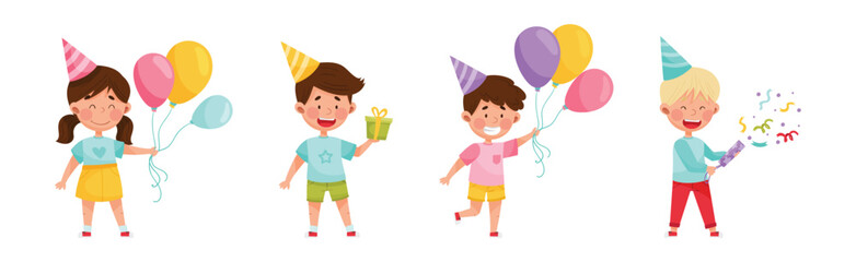 Kid Characters at Birthday Party in Cone Hat with Gift Box Celebrating Holiday Vector Set