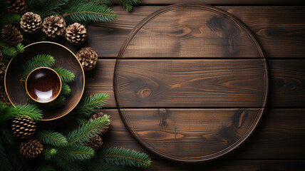 Merry Christmas - wooden background with conifer wreath with place for text