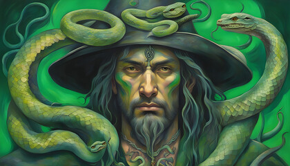 Portrait young  sorcerer with snakes and tattoo. RPG Character. 