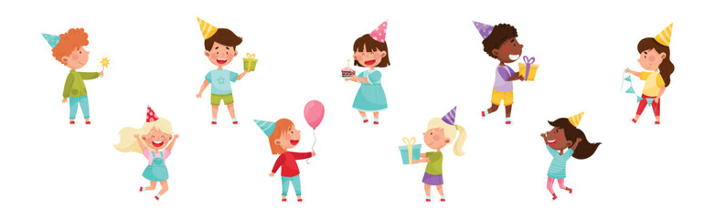 Kid Characters at Birthday Party in Cone Hat with Gift Box Celebrating Holiday Vector Set