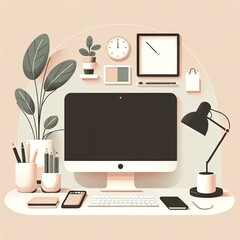 Sleek and Chic Minimalist Desk with Computer and Stationery Illustration