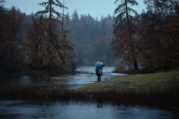 Fototapeta na wymiar Moody blue hour view at Lake Cei, in the Northern Italy, during a foggy and rainy autumnal day