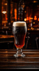 Fototapeta na wymiar Glass of dark beer on a wooden table in a pub or restaurant
