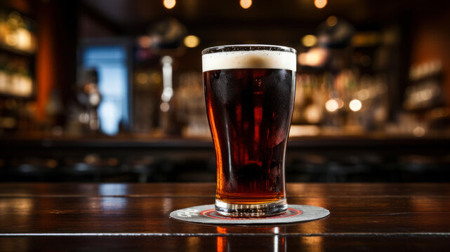 Glass of dark beer on a bar counter in a pub or restaurant