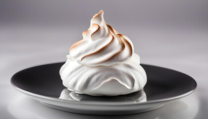 One sweet meringue on a dark plate with reflection