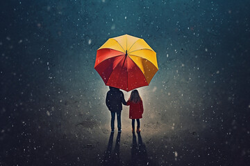businessman and businesswoman holding colorful umbrella in rain concept