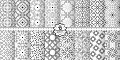 A set of vector seamless patterns. Modern geometric textures. Monochrome, linear.