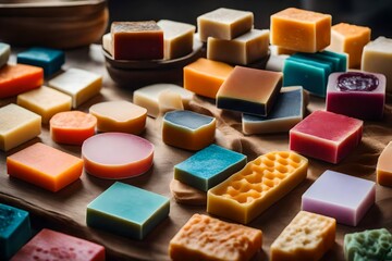 a table full of handmade  soaps with different shapes and different colors
