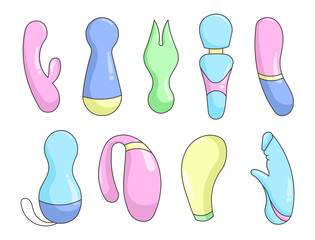 Dildo vibrator. Adult toys. Sex shop. Good vibes only. Hand drawn style. Vector drawing. Collection of design elements.