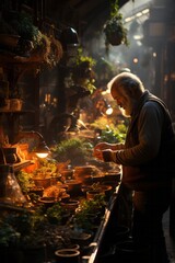 Market-goer sipping a cup of steaming hot coffee while browsing for fresh produce, Generative AI