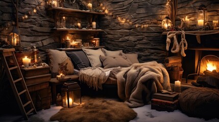 Beautiful warm winter cozy bed background with Christmas decoration at window in bedroom indoor design, Xmas tree, candles, decorated in house with sofa, blanket, pillows in vintage lifestyle house
