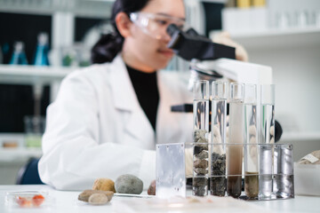 Rock, soil or mineral sample test tube in paleontology, archaeological and geological or mining laboratory. Concept of geologist or archaeologist is doing experiment to check fossil research or soil.